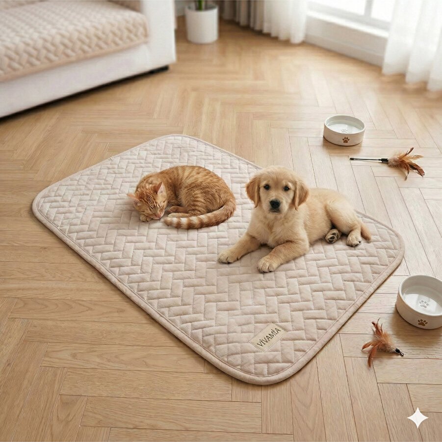 Bej kapitoneli kedi köpek matı üzerinde kedi ve yavru köpek